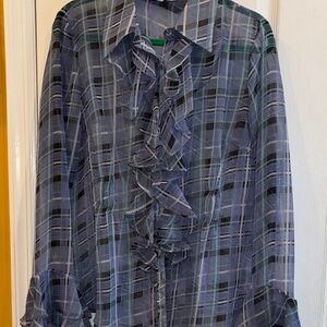 CABI BLOUSE SHADES OF BLUE RUFFLES DOWN CHEST ON CUFFS GATHERS IN BACK/FRONT